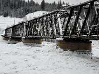 PG ice flood 7609x  Ice backs up aganst pilings on the Cameron Street Bridge which was demolished then reconstructed on the same pilings as a two-lane bridge